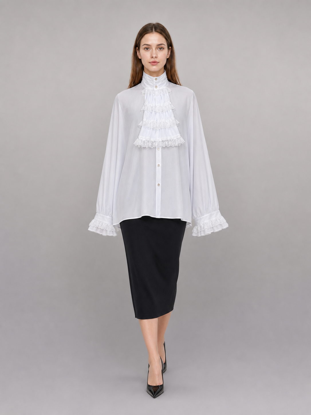 White Blouse with Jabot and Long Sleeves
