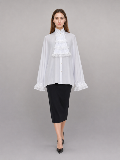 White Blouse with Jabot and Long Sleeves