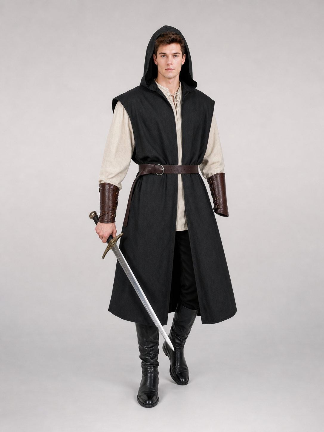 Long Sleeveless Hooded Vest, Black