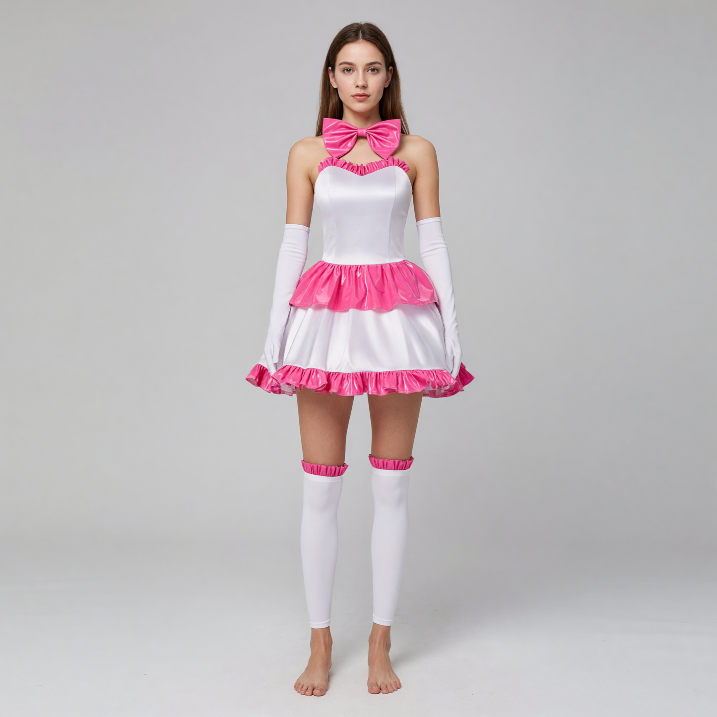 White Mima cosplay dress with pink ruffles and a bow