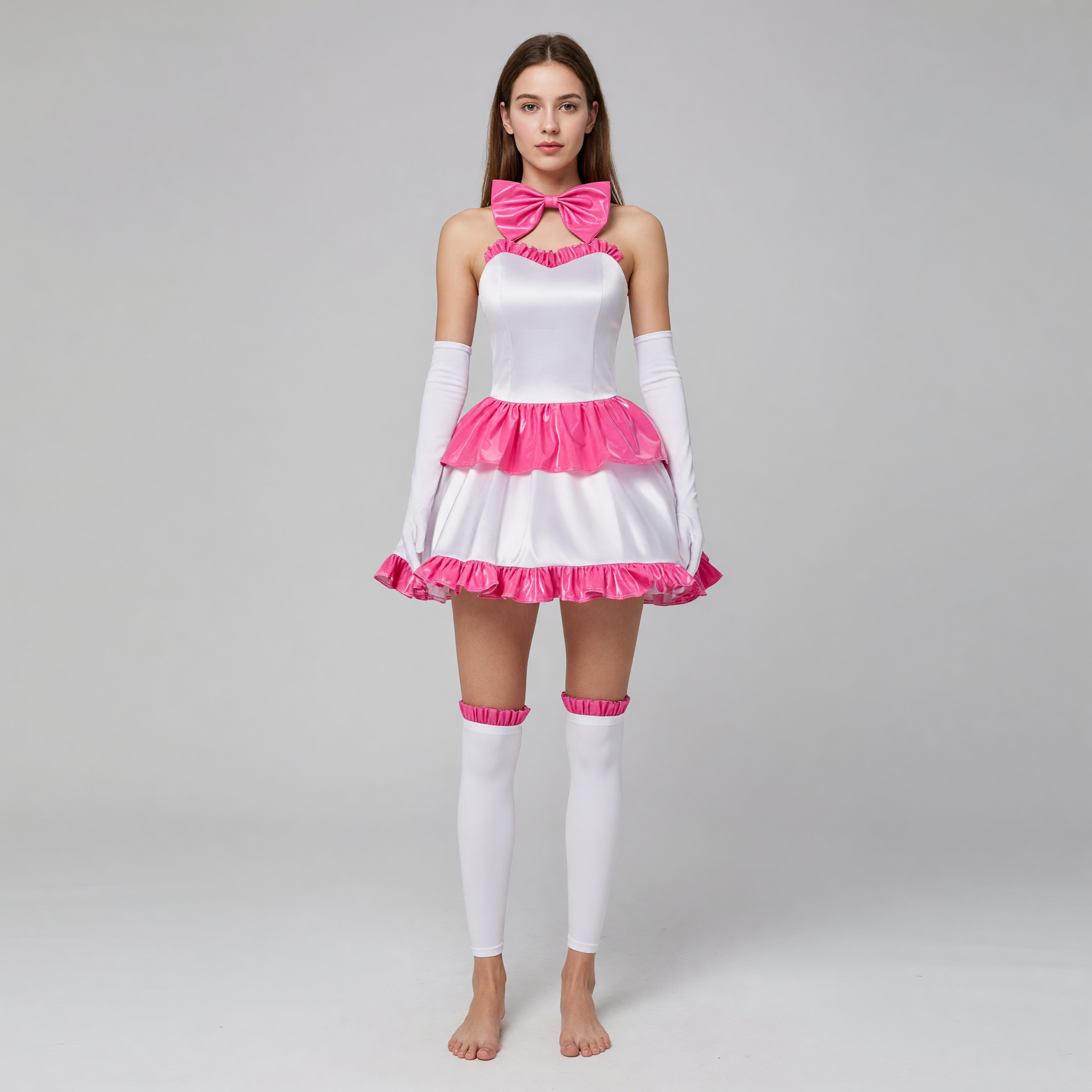 White Mima cosplay dress with pink ruffles and a bow