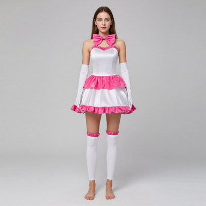 White Mima cosplay dress with pink ruffles and a bow