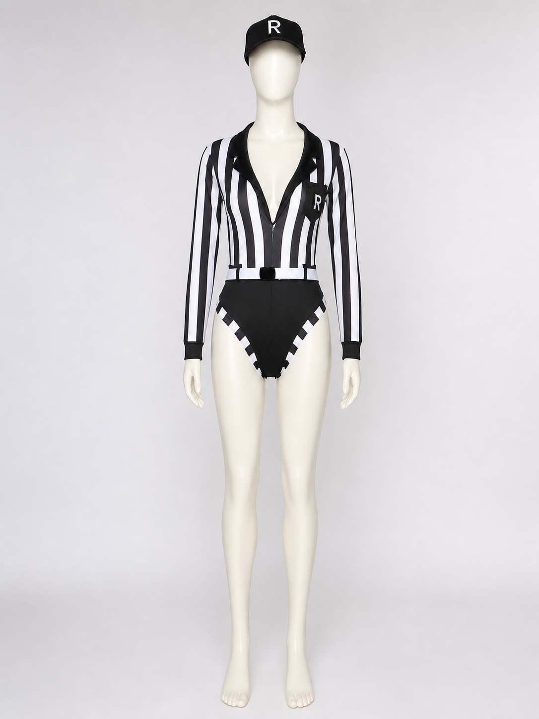 Striped Referee Jumpsuit with Deep V-Neck