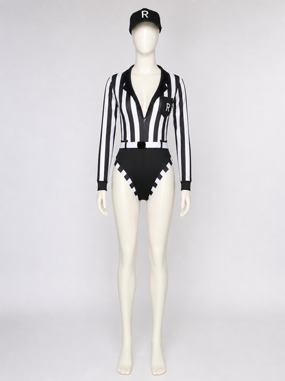 Striped Referee Jumpsuit with Deep V-Neck