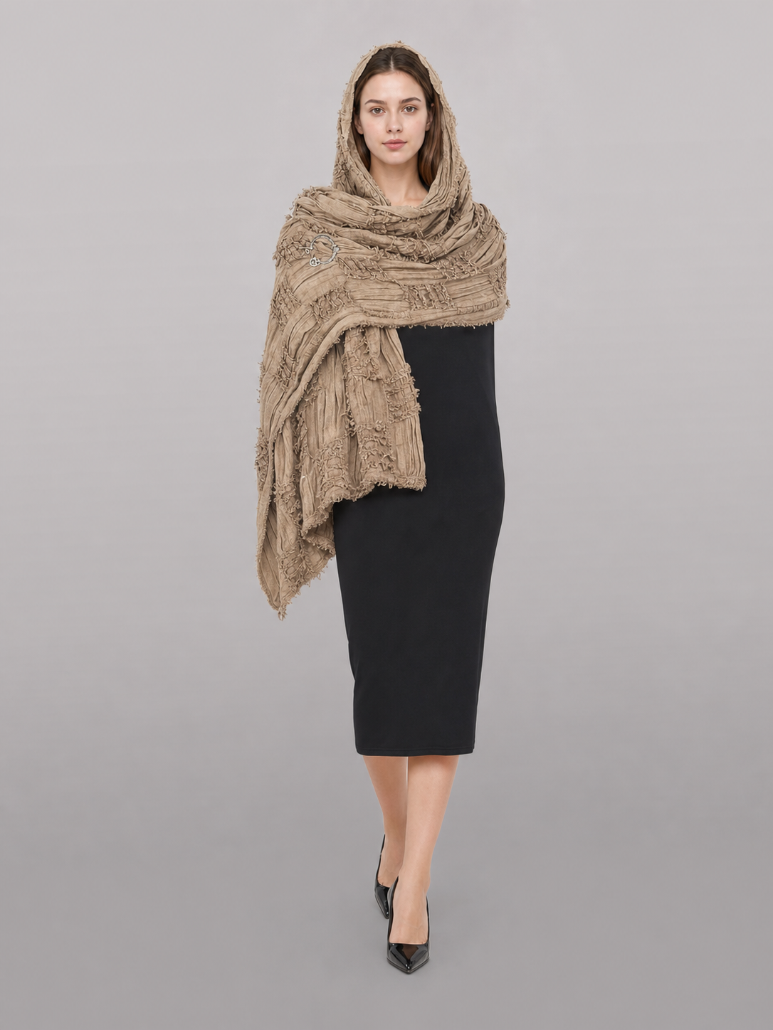 Boho Hooded Scarf Cape, Khaki