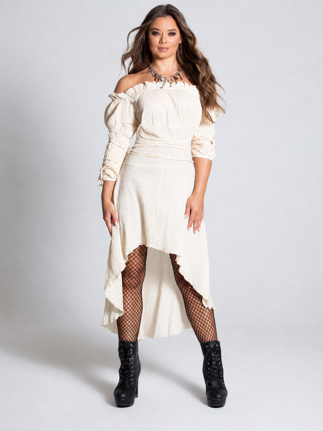 Long Off-the-Shoulder Dress with an Asymmetrical Hem