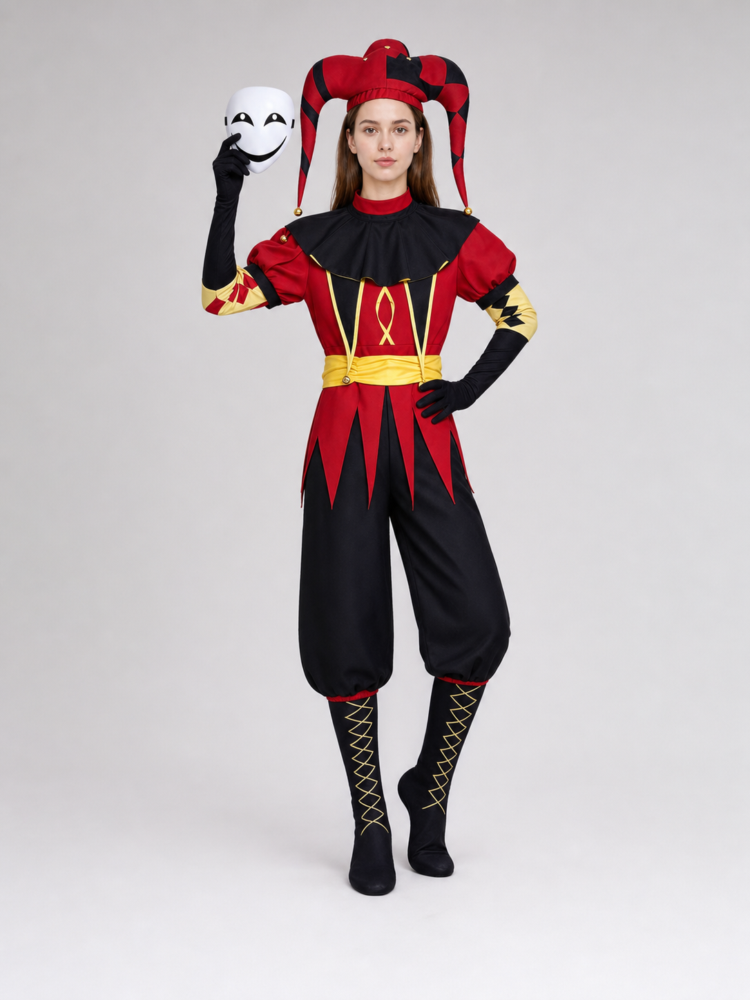 Pierrot Jester Costume for Cosplay with Mask and Accessories