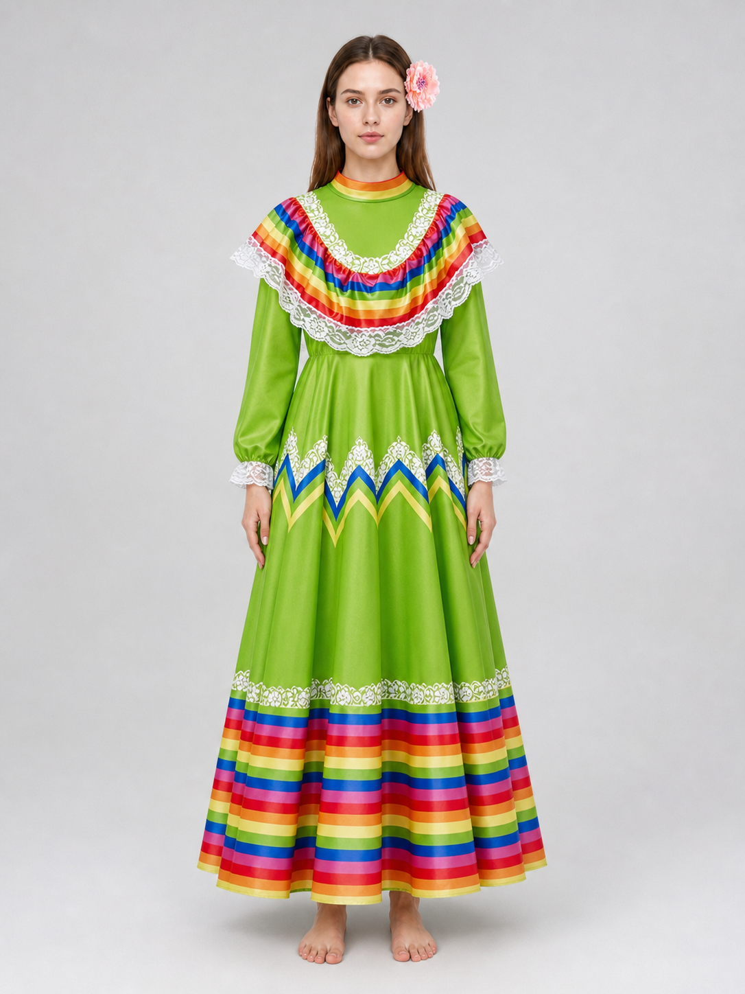 Bright folk dress with a full skirt and lace