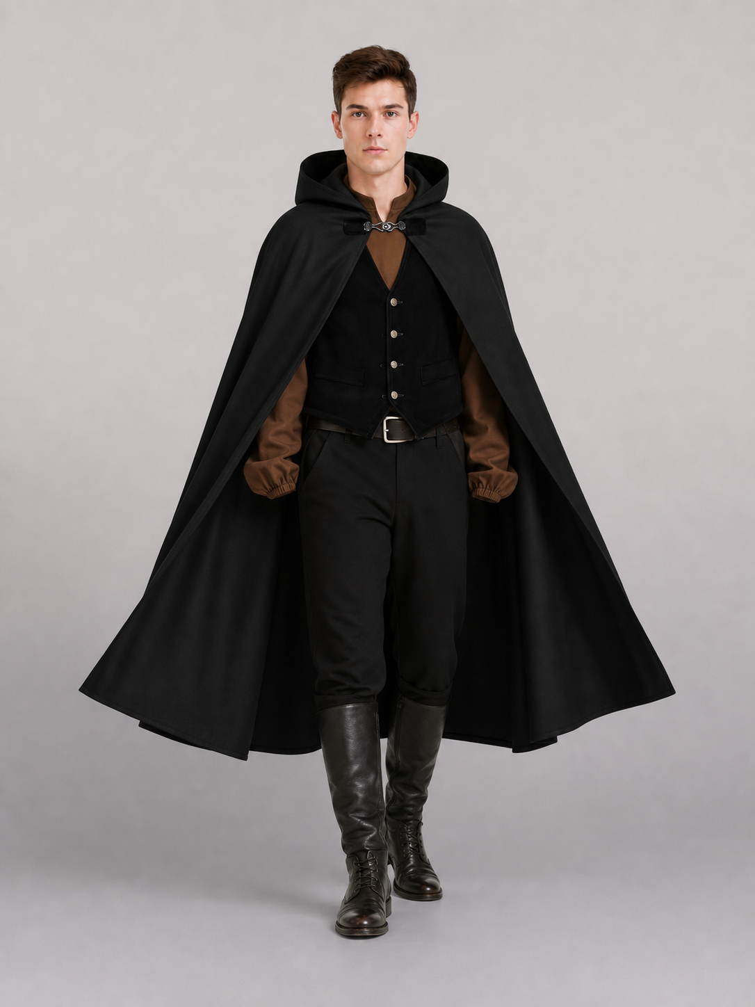 Long black hooded carnival cloak