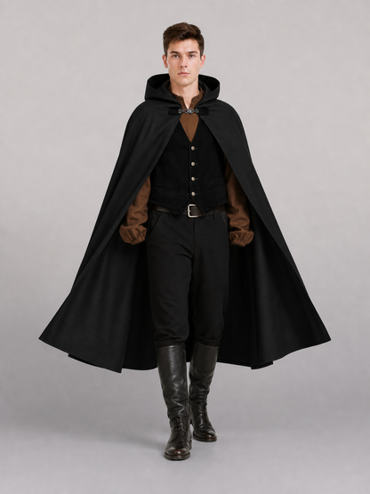 Long black hooded carnival cloak