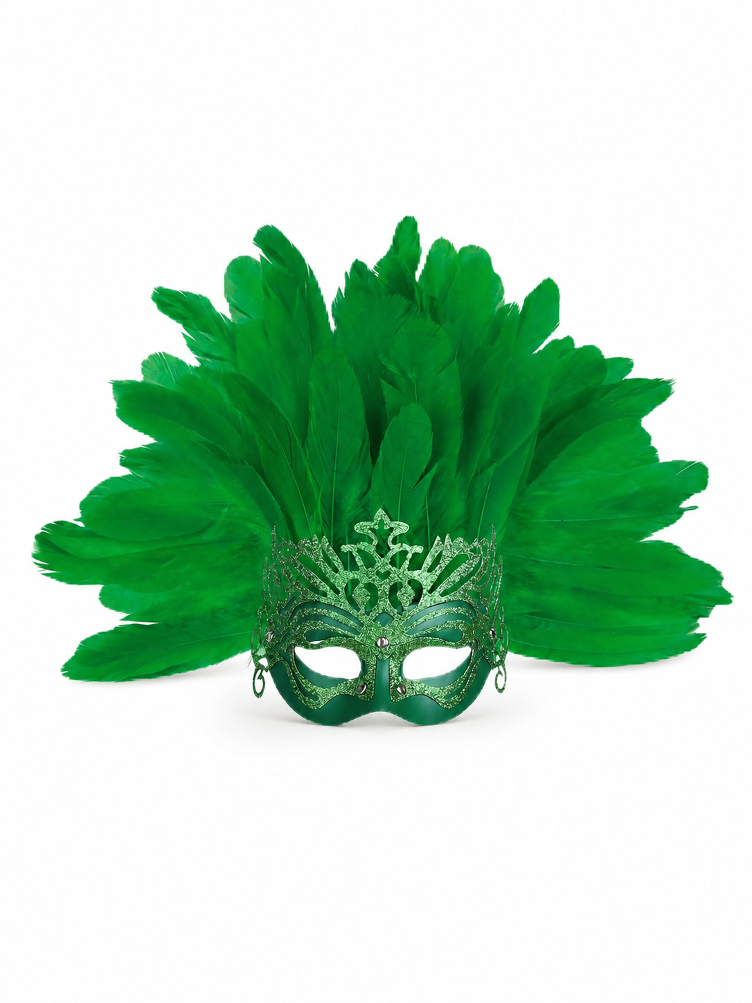 Carnival Mask with Green Feathers and Glitter
