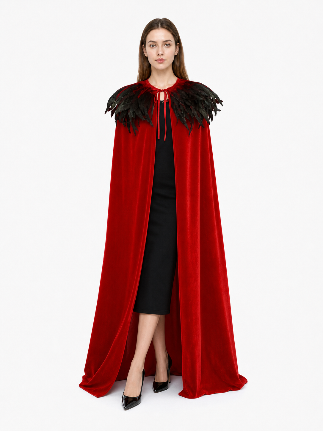 Red Velvet Cape with Feather Trim