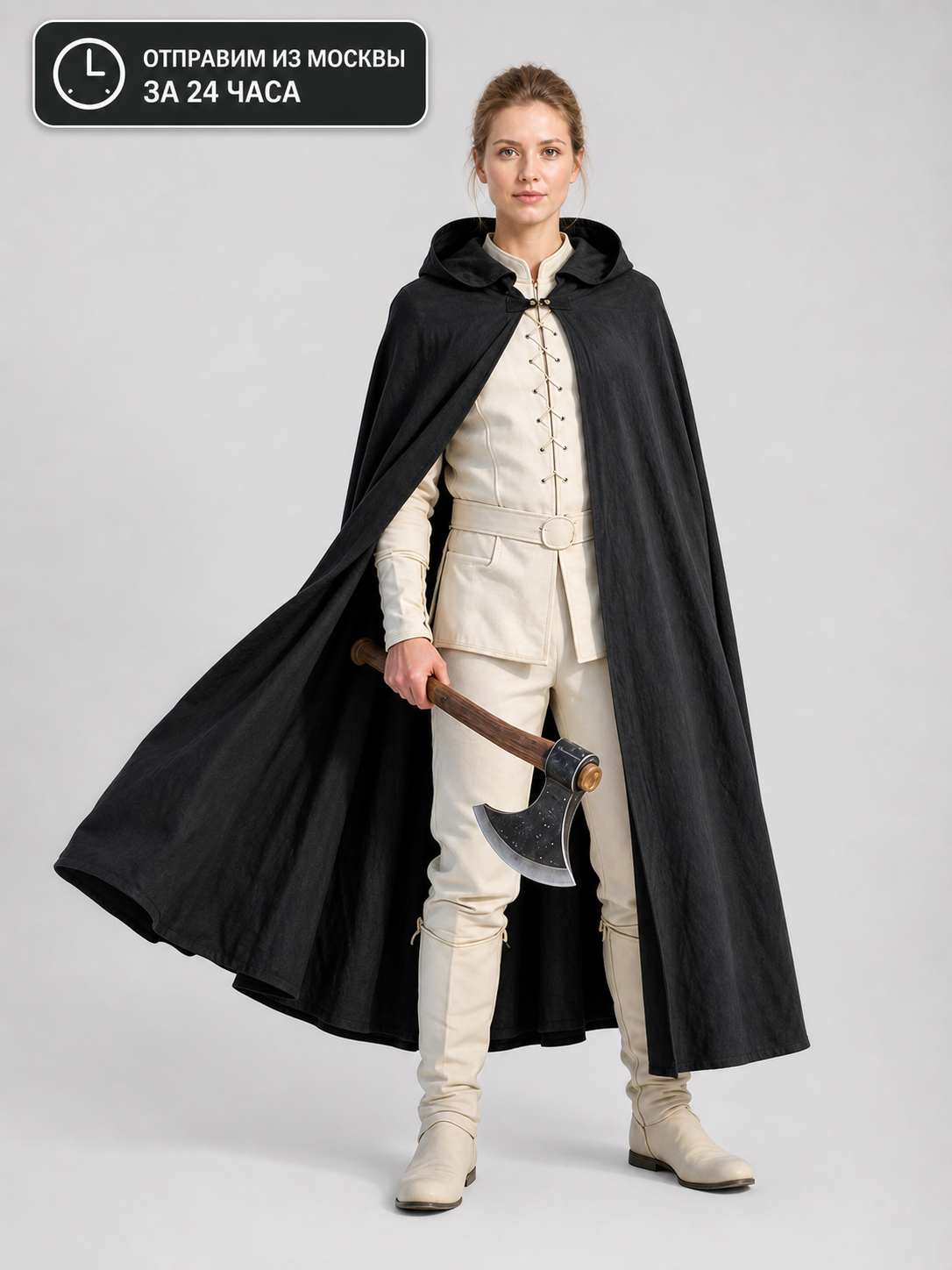 Black Long Hooded Cotton-Linen Cloak main product view 3