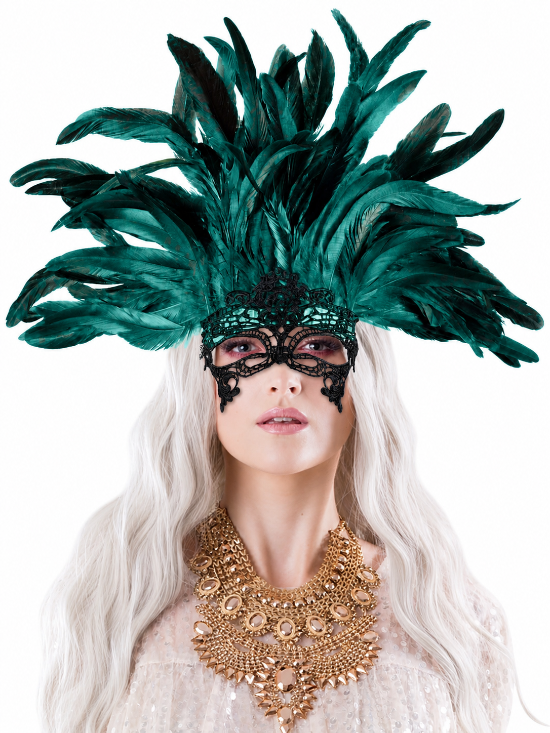 1pc Green Feather Headpiece With Black Lace Eye Mask, Exaggerated Party Style main product view 3