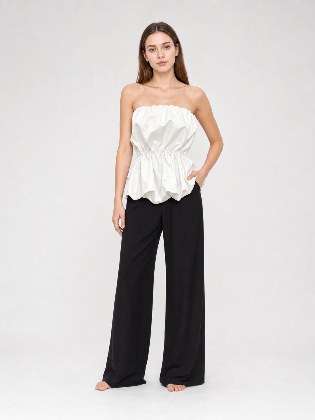 White Strapless Bustier Top with Draped Peplum