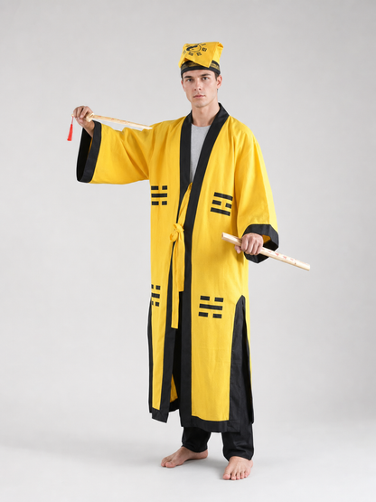 Yellow Taoist costume with black trim and hat