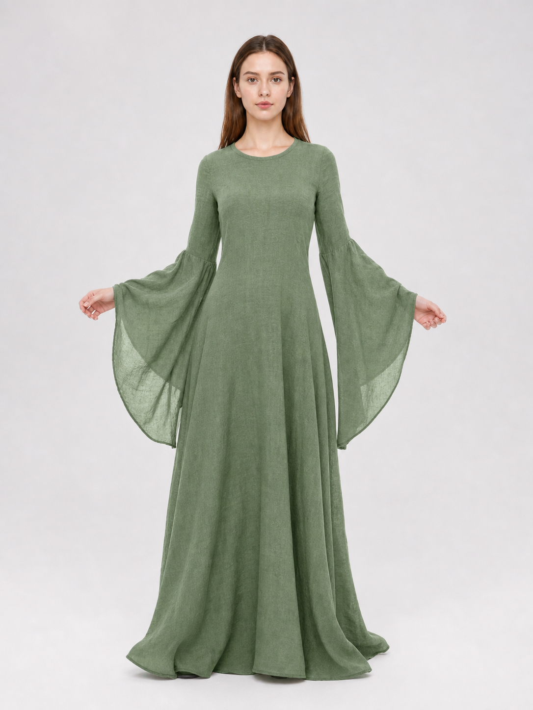 Long Green Retro-Style Belted Dress