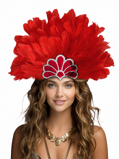 Carnival Headband with Red Feathers and Glitter