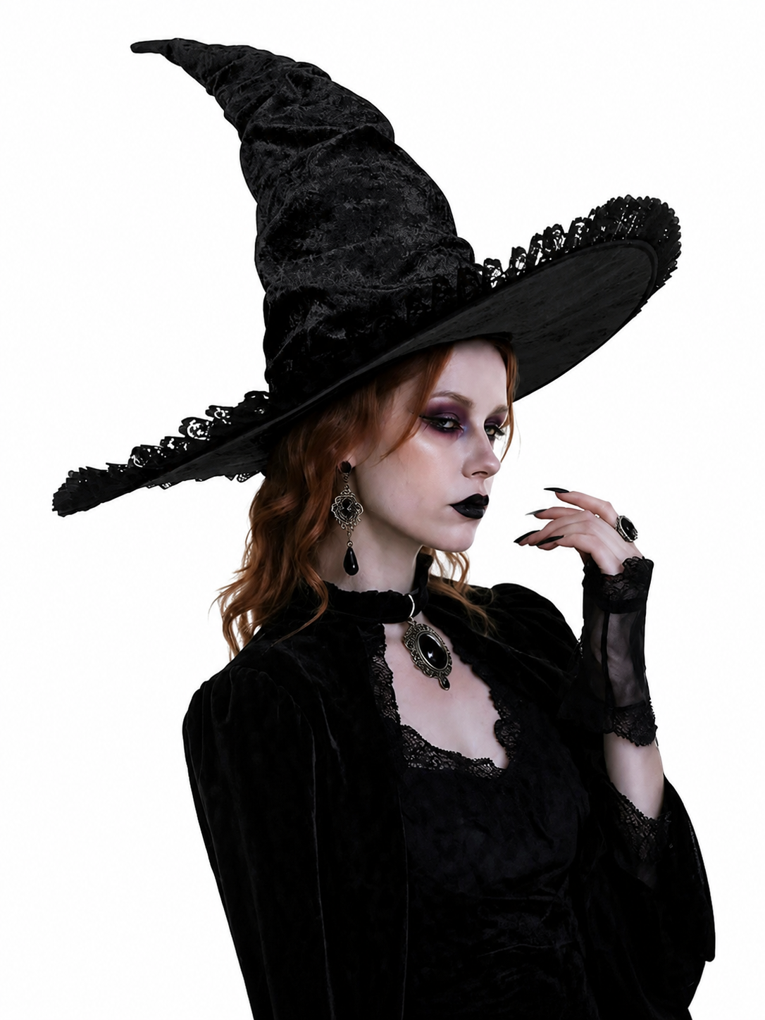 Black Halloween Witch Hat with Tall Crooked Pointed Crown, Wide Brim, Ruched Textured Velvet-Like Fabric and Lace Trim Gothic Costume Accessory for Cosplay Party Photo Shoot