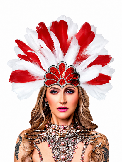 Carnival headpiece with red and white feathers