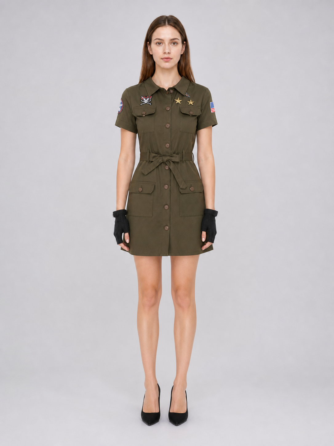Military-style costume dress with belt and gloves