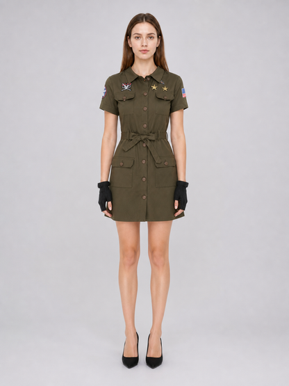 Military-style costume dress with belt and gloves