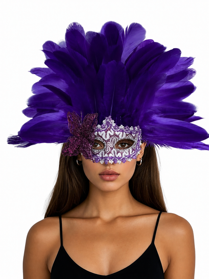 Carnival headdress with feathers and a mask