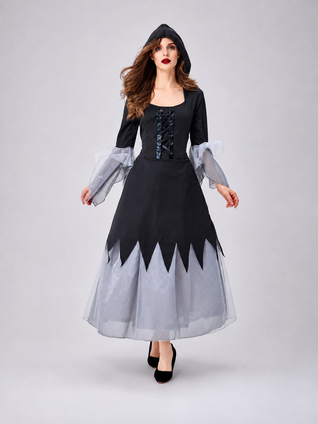 Gothic Black and Gray Lace-Up Cosplay Dress