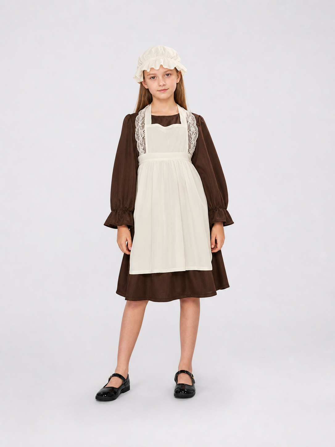 Victorian costume with dress, apron, and bonnet