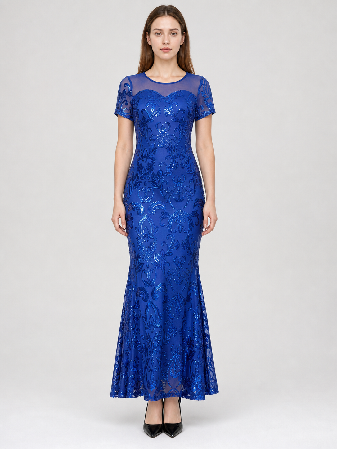 Blue evening dress with floral pattern and sequins