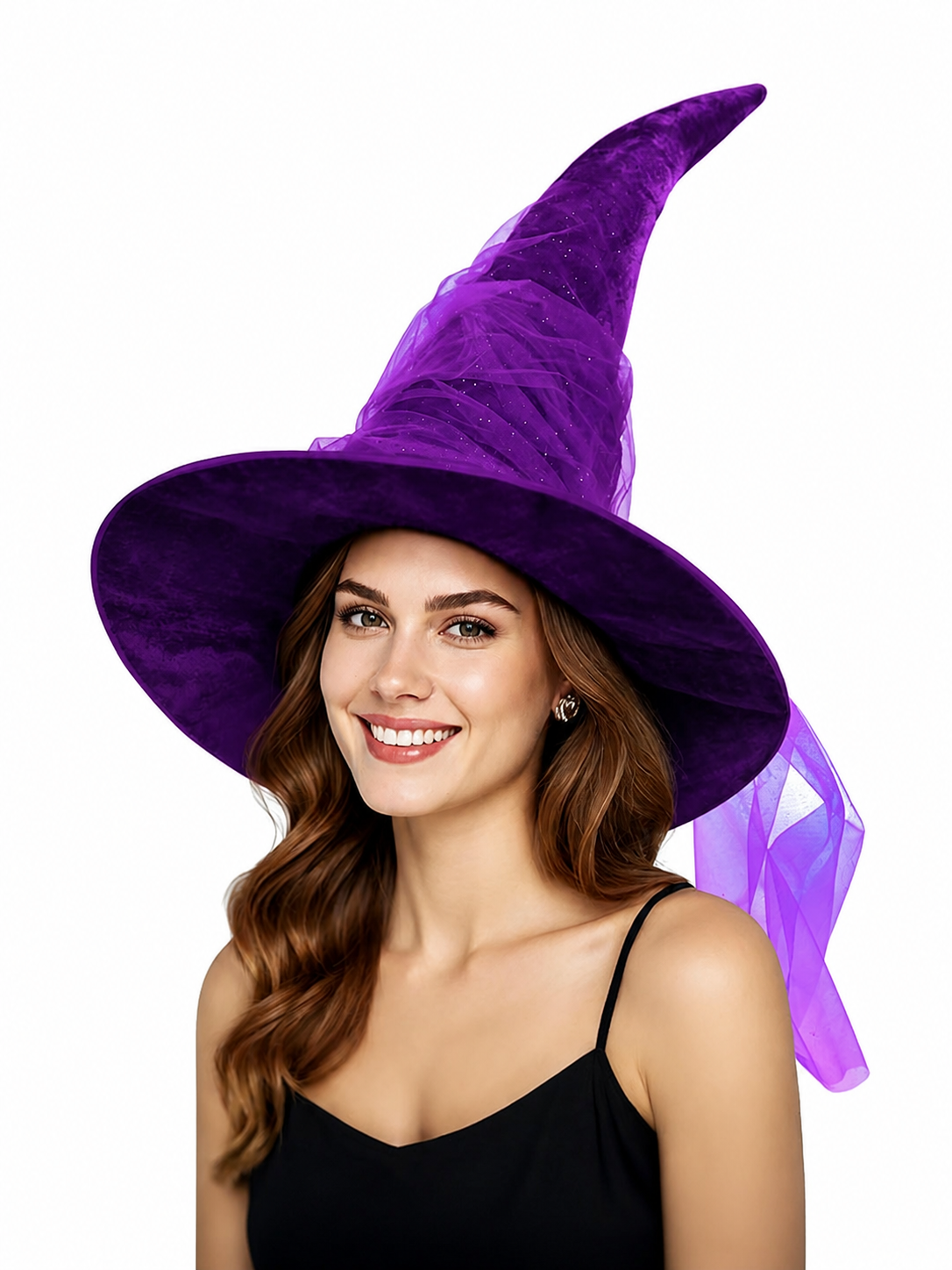 1pc Purple Halloween Witch Hat Wide Brim Crooked Pointed Crown With Sheer Mesh Veil Glitter Detail Costume Accessory