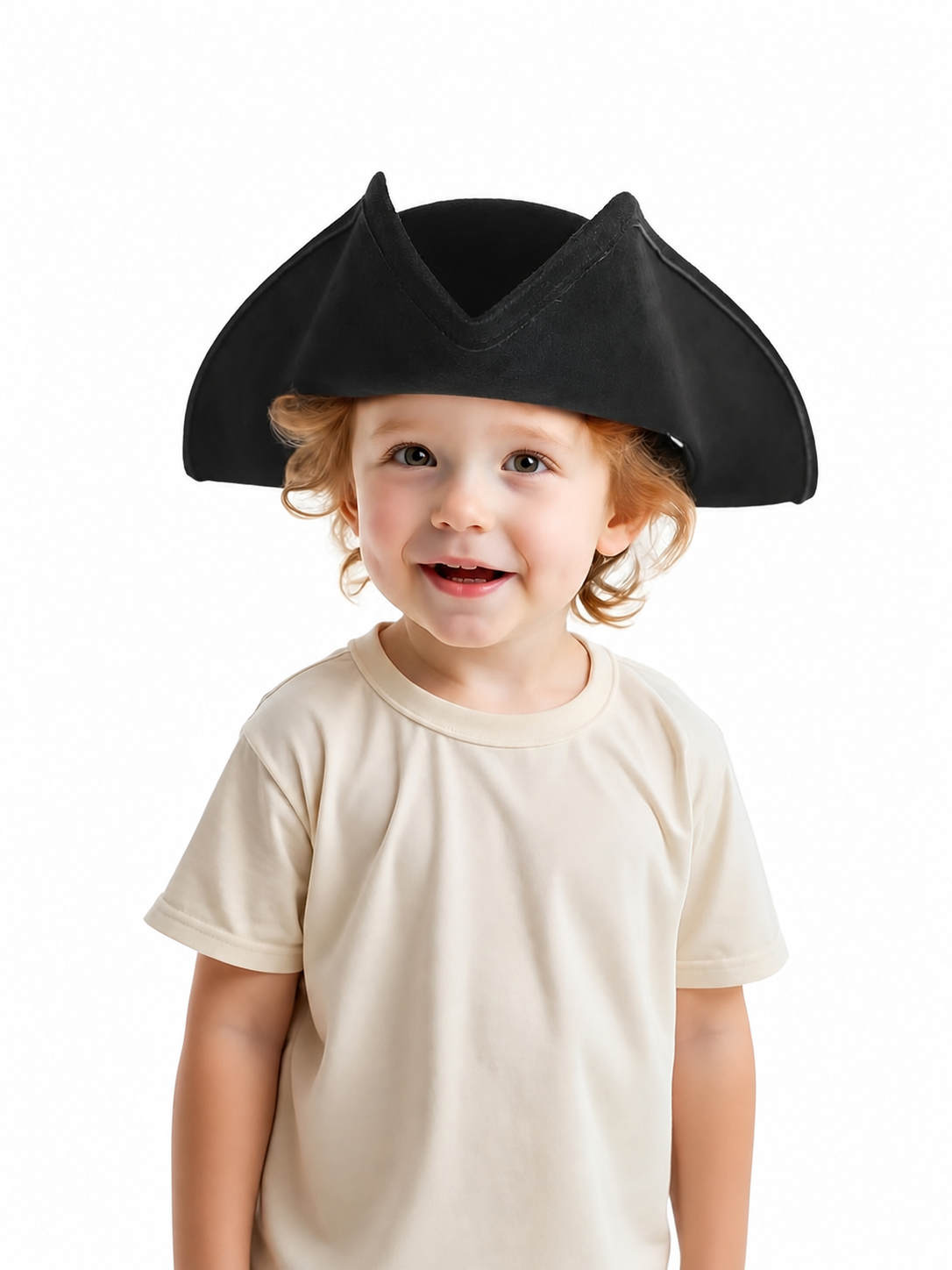 Children's Pirate Hat, Black Wide-Brim Tricorn Style Costume Hat with Turned-Up Sides, Pointed Crown Sections and Stitched Edging for Dress-Up Play and Costume Parties