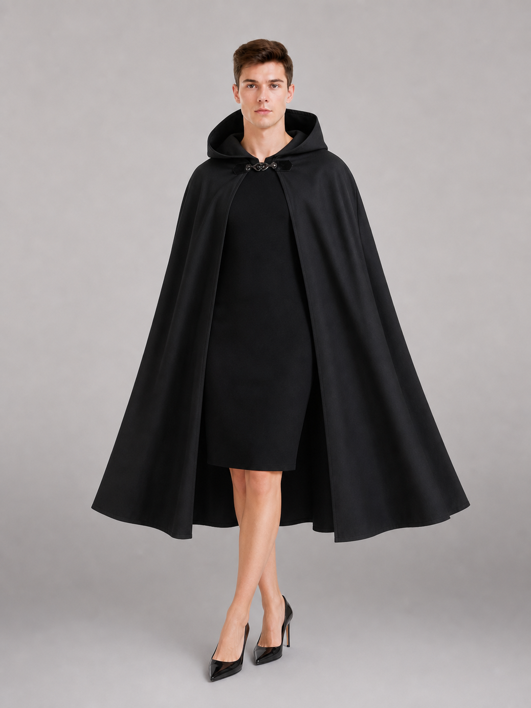 Long black hooded carnival cloak
