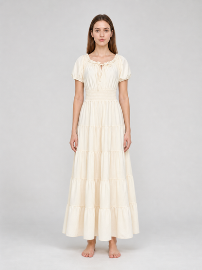 Tiered Dress with Puff Sleeves and Gathered Details