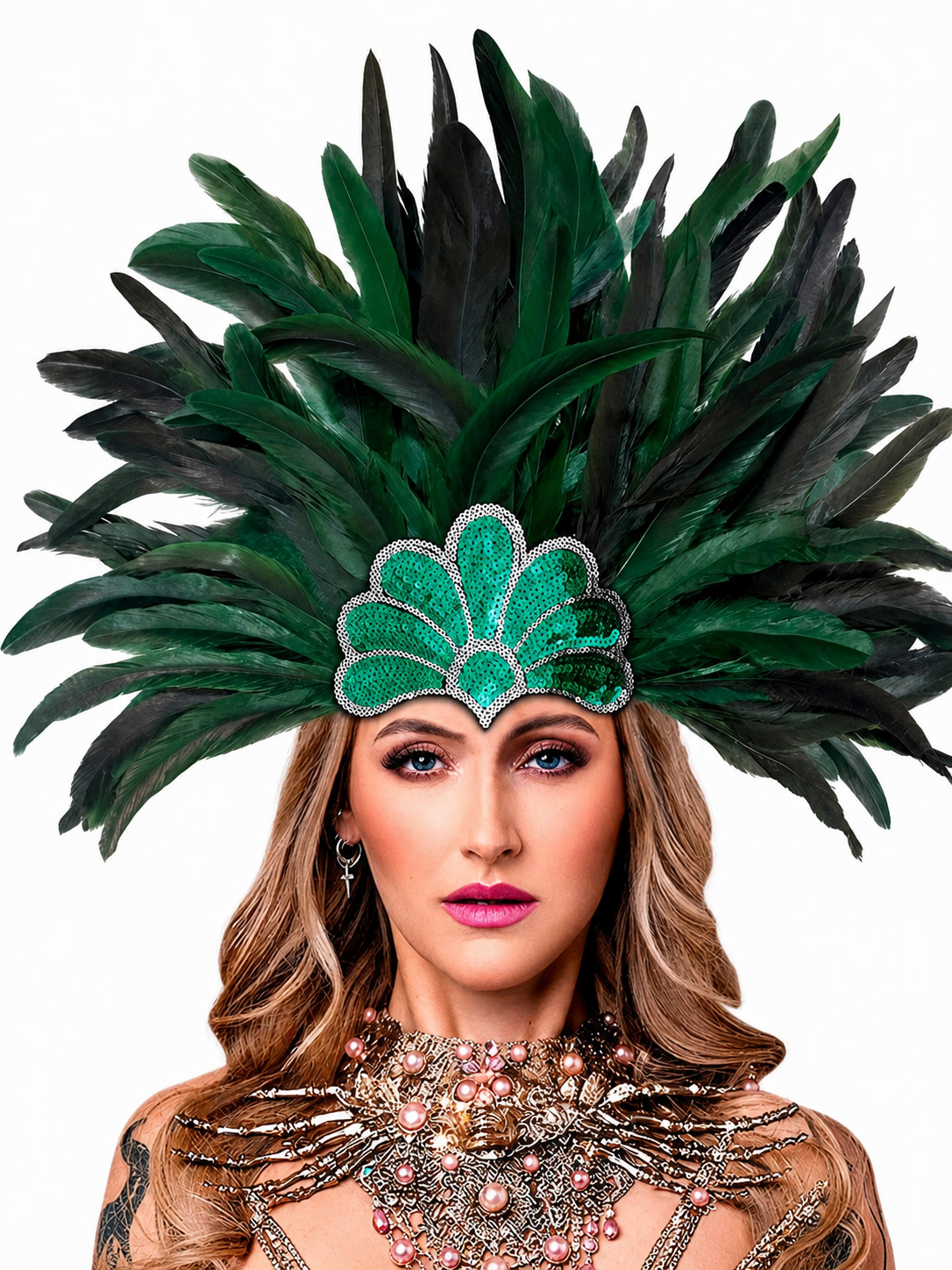 Green and black feather carnival headpiece with a beaded green centerpiece, shown in a close front view on a model 2