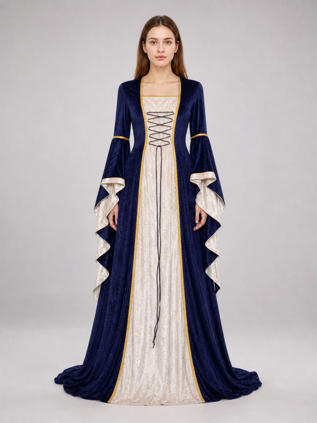 Gothic medieval-style dress made of textile fabric, featuring a floor-length design with a full skirt and flared sleeves. The sleeves are accented with tiered ruffles that emphasize the costume’s historical character. The main color is deep