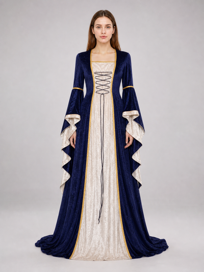 Gothic medieval-style dress made of textile fabric, featuring a floor-length design with a full skirt and flared sleeves. The sleeves are accented with tiered ruffles that emphasize the costume’s historical character. The main color is deep