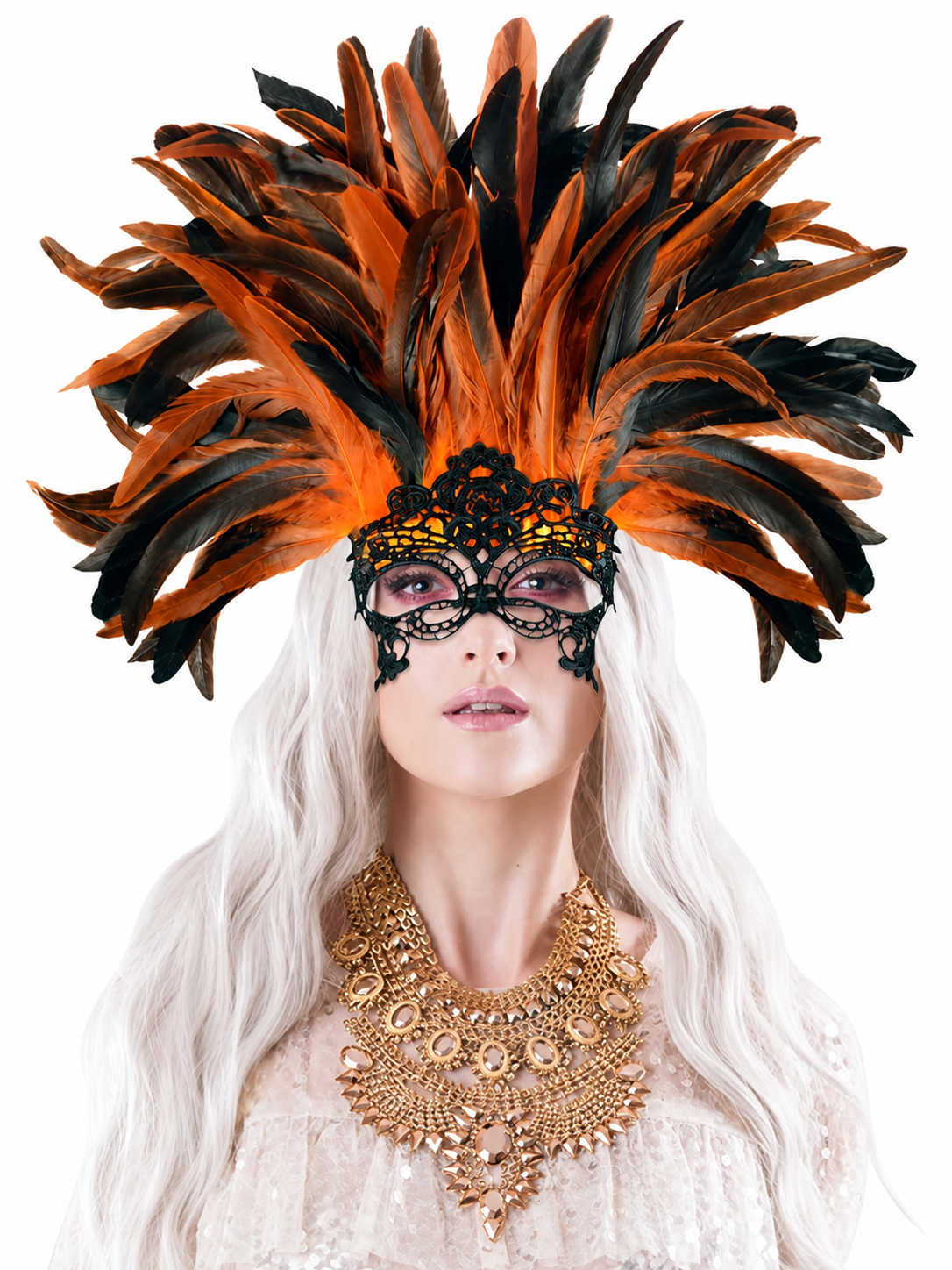 Carnival headdress with feathers and a mask