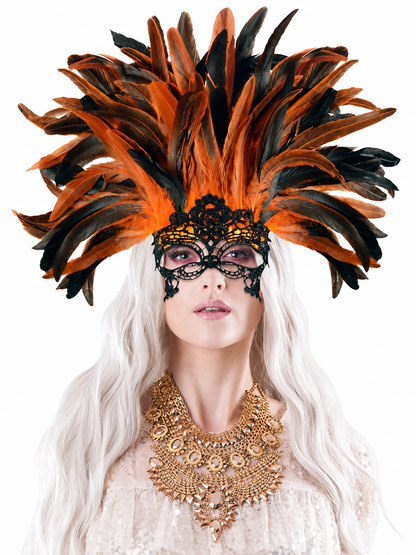 Carnival headdress with feathers and a mask