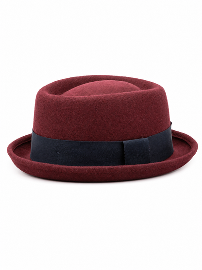 Burgundy carnival fedora hat with a dark band