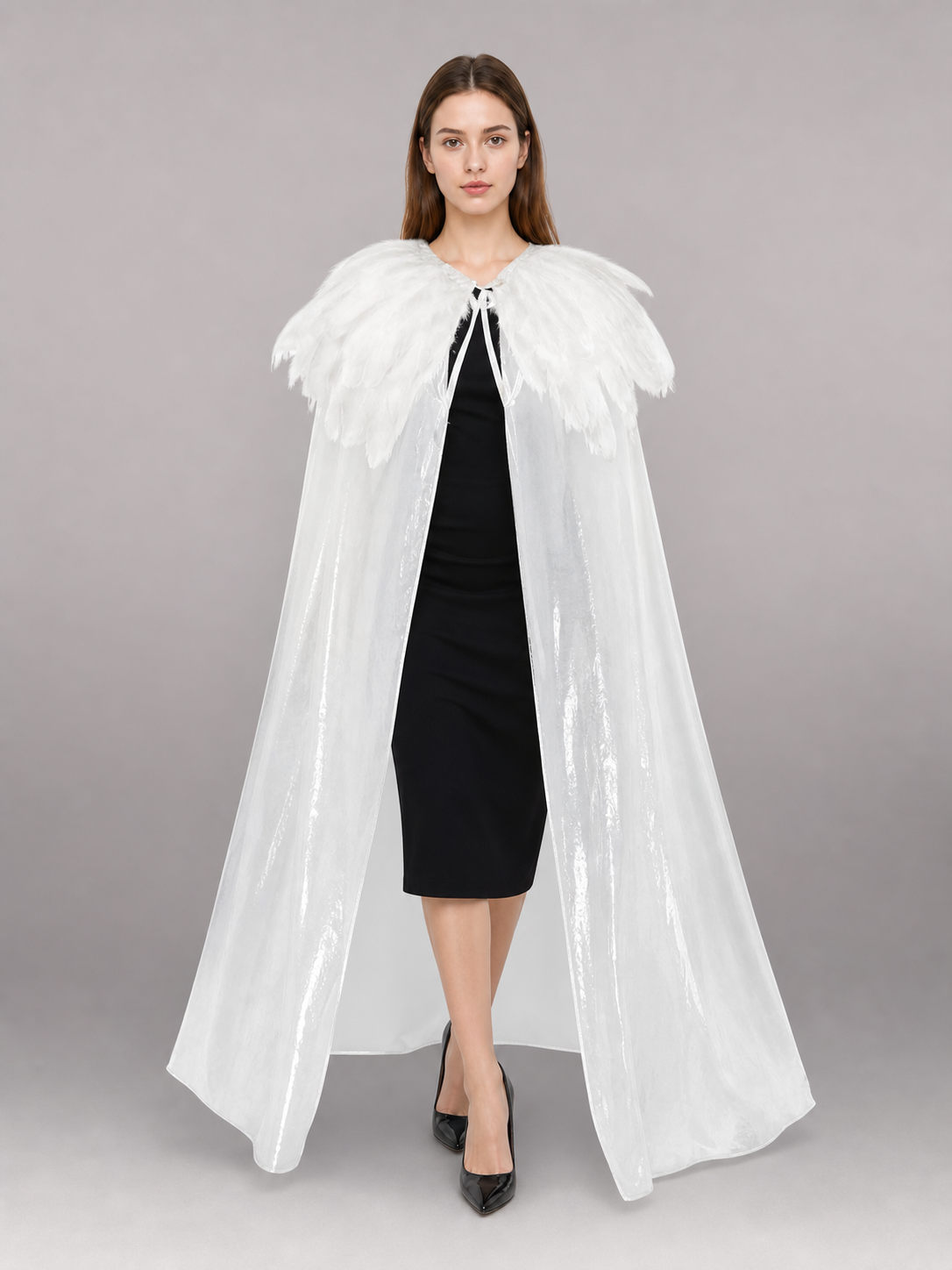 White Velvet Cape with Feather Trim, Maxi