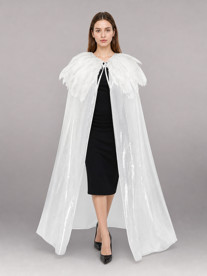 White Velvet Cape with Feather Trim, Maxi