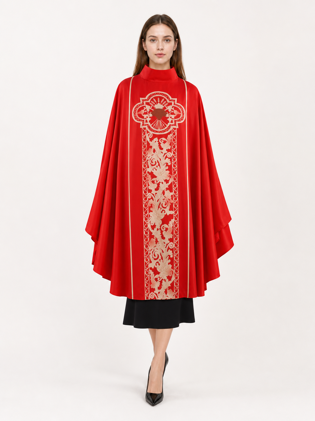 Red costume cloak with ornament and sleeves