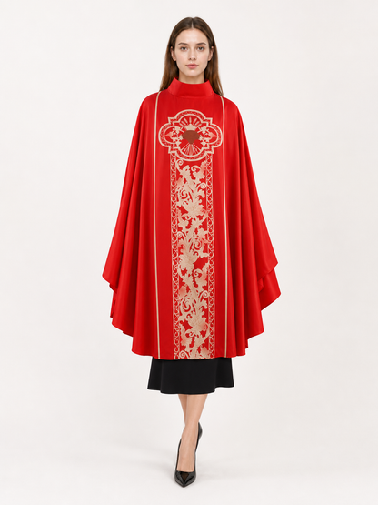 Red costume cloak with ornament and sleeves