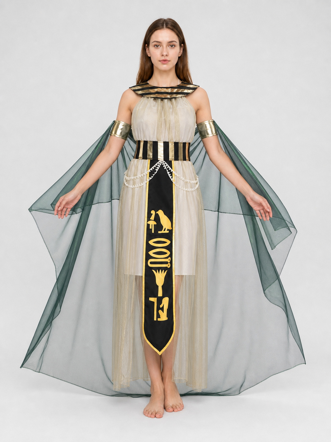 Women’s Egyptian Pharaoh Queen Halloween Cosplay Dress Set with Headpiece, Belt, Arm Accessories and Draped Sleeves for Stage Performance