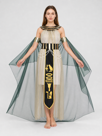 Women’s Egyptian Pharaoh Queen Halloween Cosplay Dress Set with Headpiece, Belt, Arm Accessories and Draped Sleeves for Stage Performance