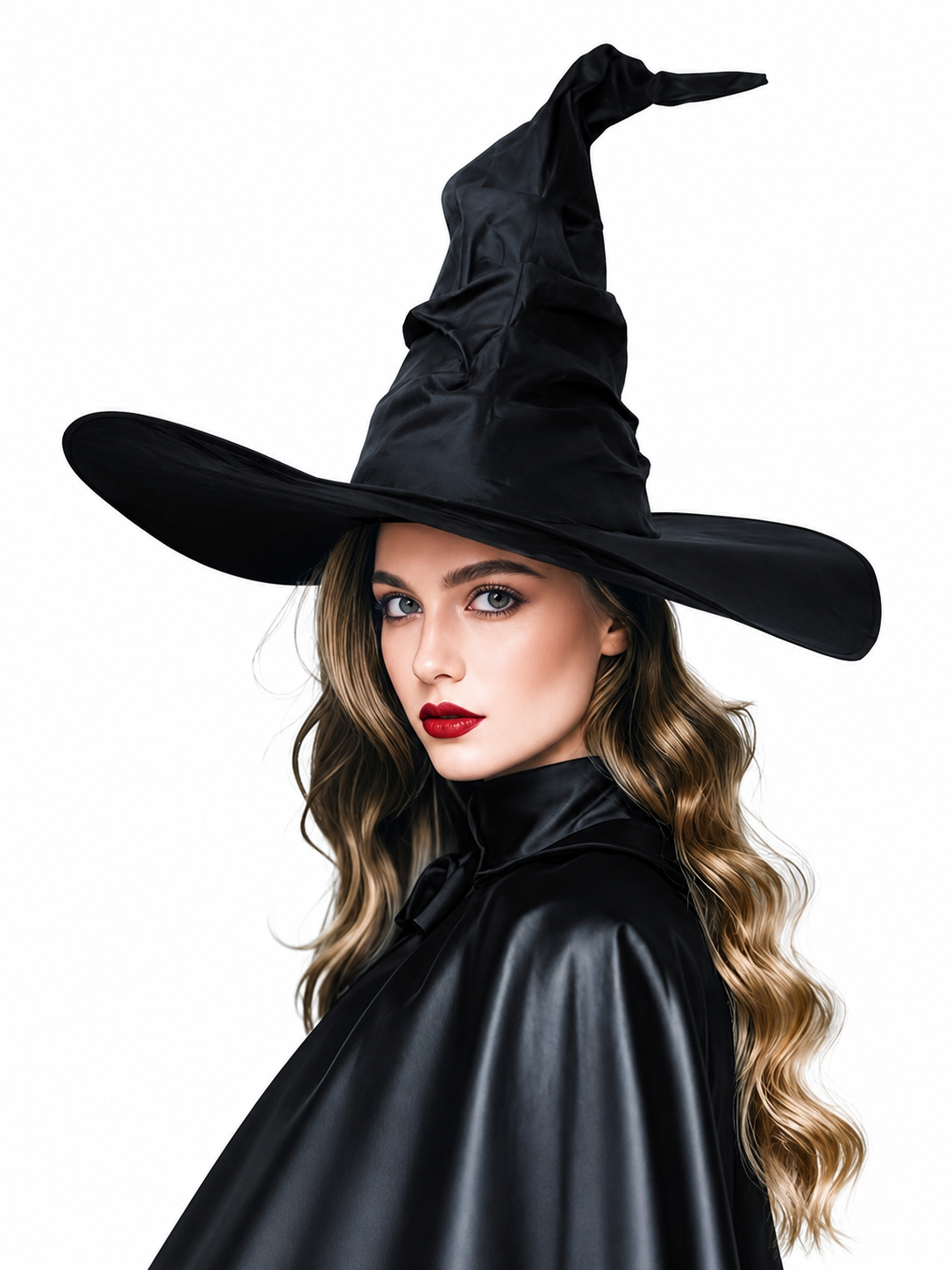Black Halloween Witch Hat Wide Brim Pointed Wizard Hat Ruched Asymmetrical Brim main product view