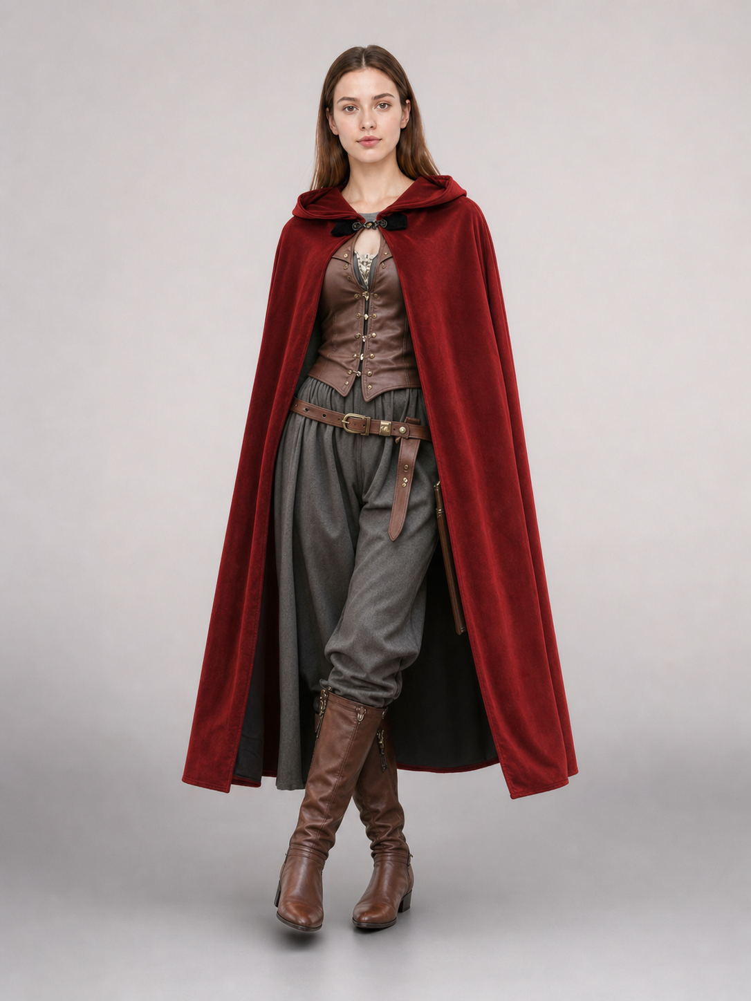 Burgundy Medieval Hooded Costume Cloak