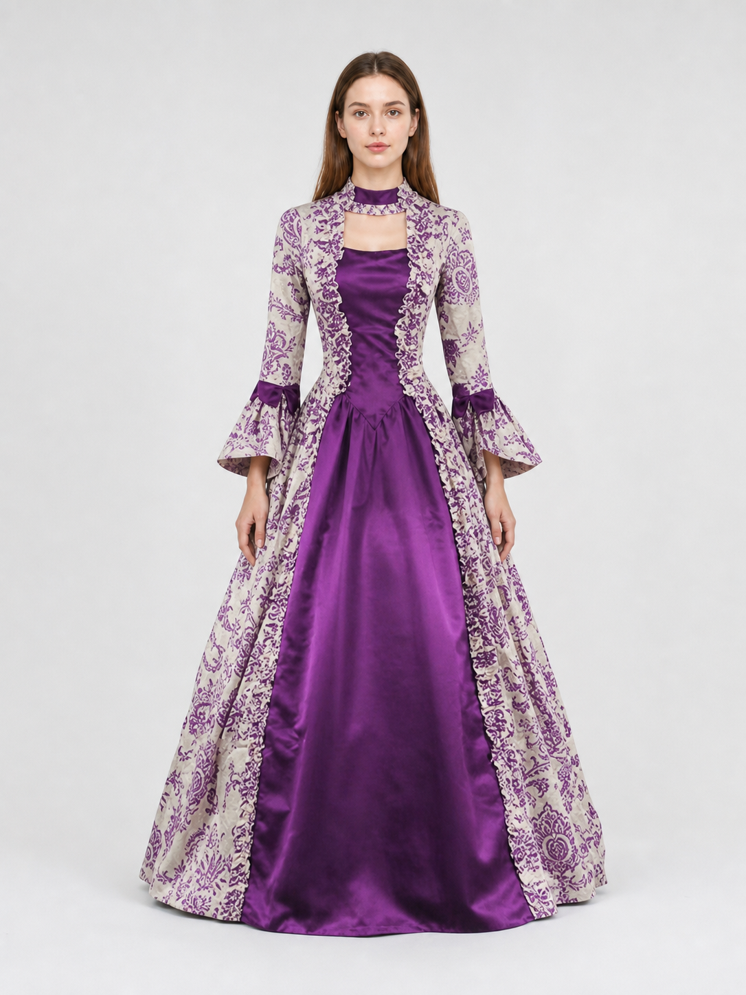 Long-Sleeve Evening Dress with Patterned Bodice