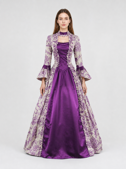 Long-Sleeve Evening Dress with Patterned Bodice